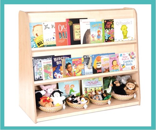Books and toys displayed on a large wooden bookcase