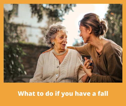 A smiling older woman with her daughter with the title what to do if you have a fall