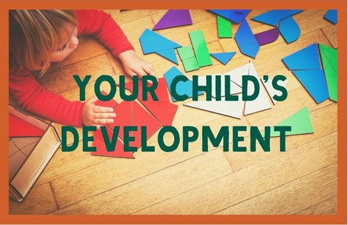 A toddler playing with brightly coloured shapes on the floor, with the text "your child's development"