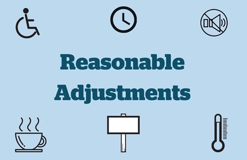 Animated images of a wheelchair, clock, noise, cup of tea, noticeboard and a thermometer, with the title: Reasonable Adjustments