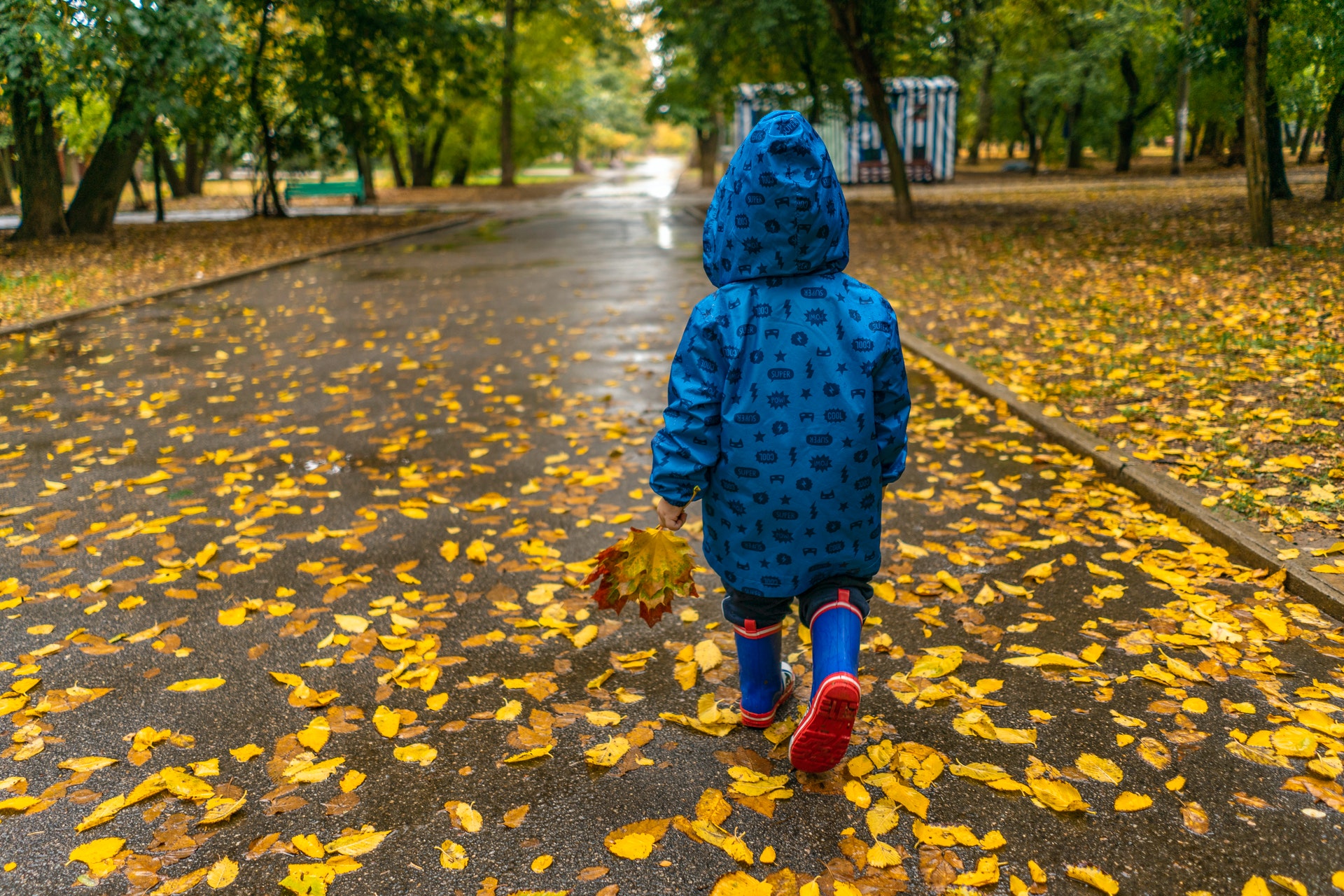A toddler walking in the rain wearing a waterproof coat and wellies