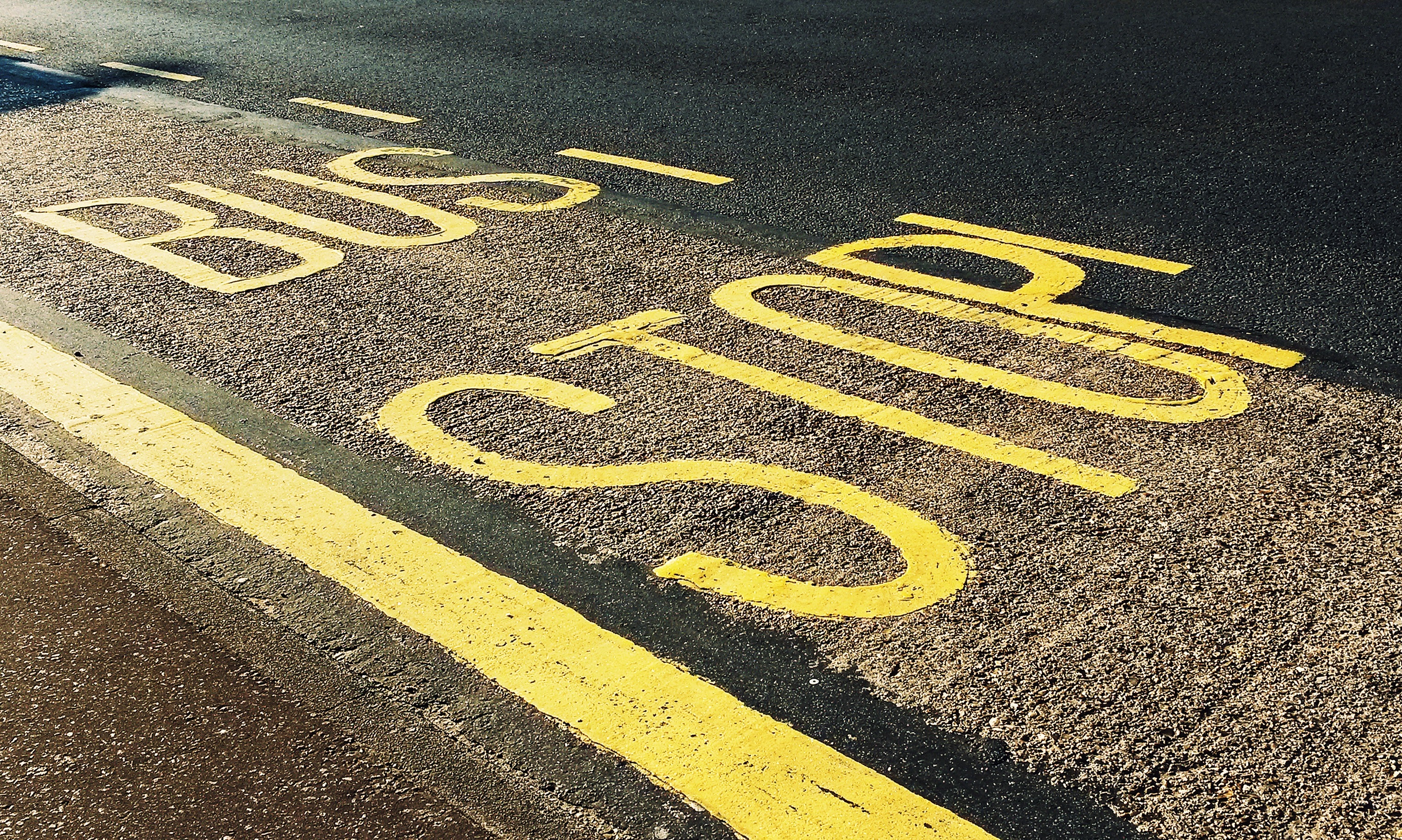Yellow painted words on the ground, which say bus stop
