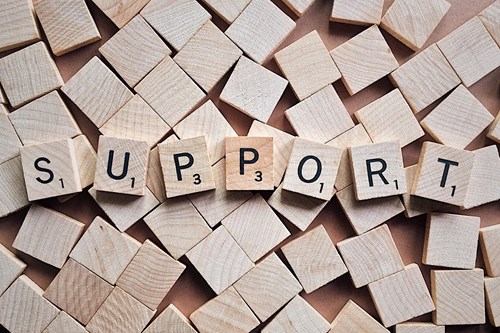 A photo of wooden blocks which spell the word support