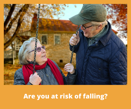 An older couple sitting on a swing with the title are you at risk of falling?