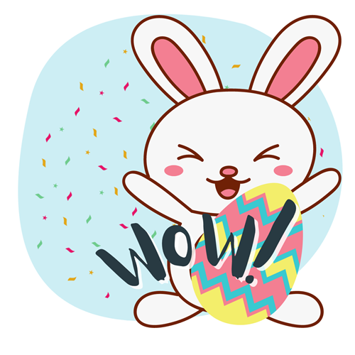 A white smiling cartoon bunny rabbit with an Easter egg