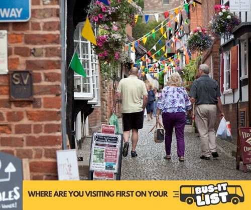 Church Street in Ledbury, with the message: Where are you visiting first on your bus-it list?