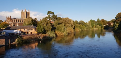 A photo of Hereford Cathedral and The River Wye