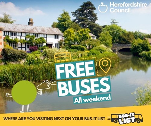 The River Arrow at Eardisland, with the message: Free buses all weekend. Where are you visiting on your bus-it list?
