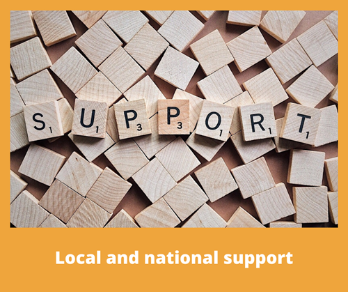 Wooden blocks which spell out the word support with the title local and national support