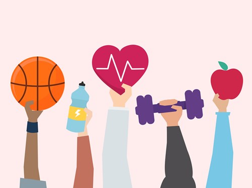 Hands holding up basket ball, flask, heart beat, dumbbell, and an apple.