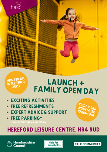 Launch and family open day - exciting activities, free refreshments, expert advice and support, friday 3rd November 10am - 2pm Hereford Leisure Centre (image shows girl jumping in the air)