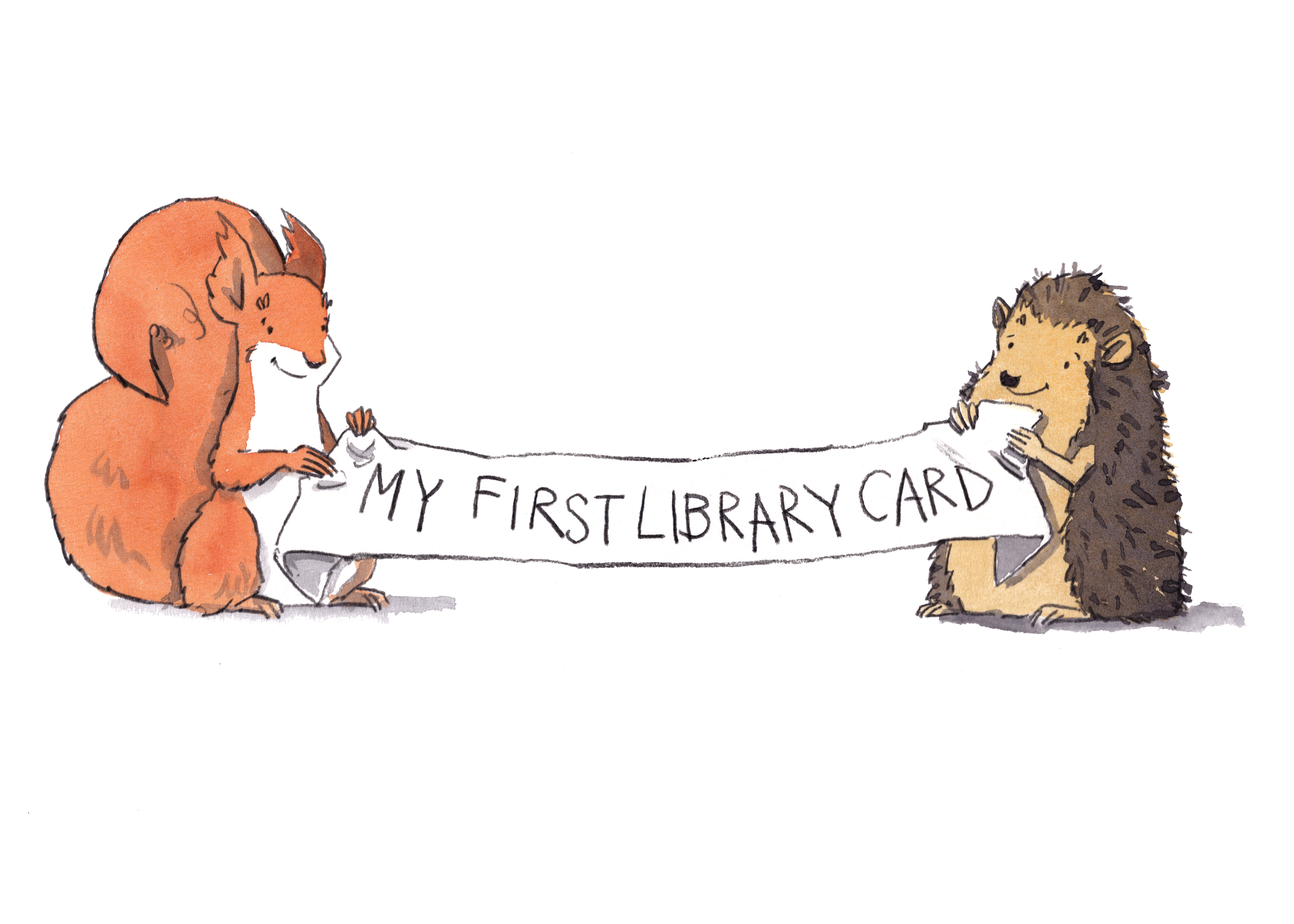 A drawing of a squirrel and a hedgehog holding a my first library card banner