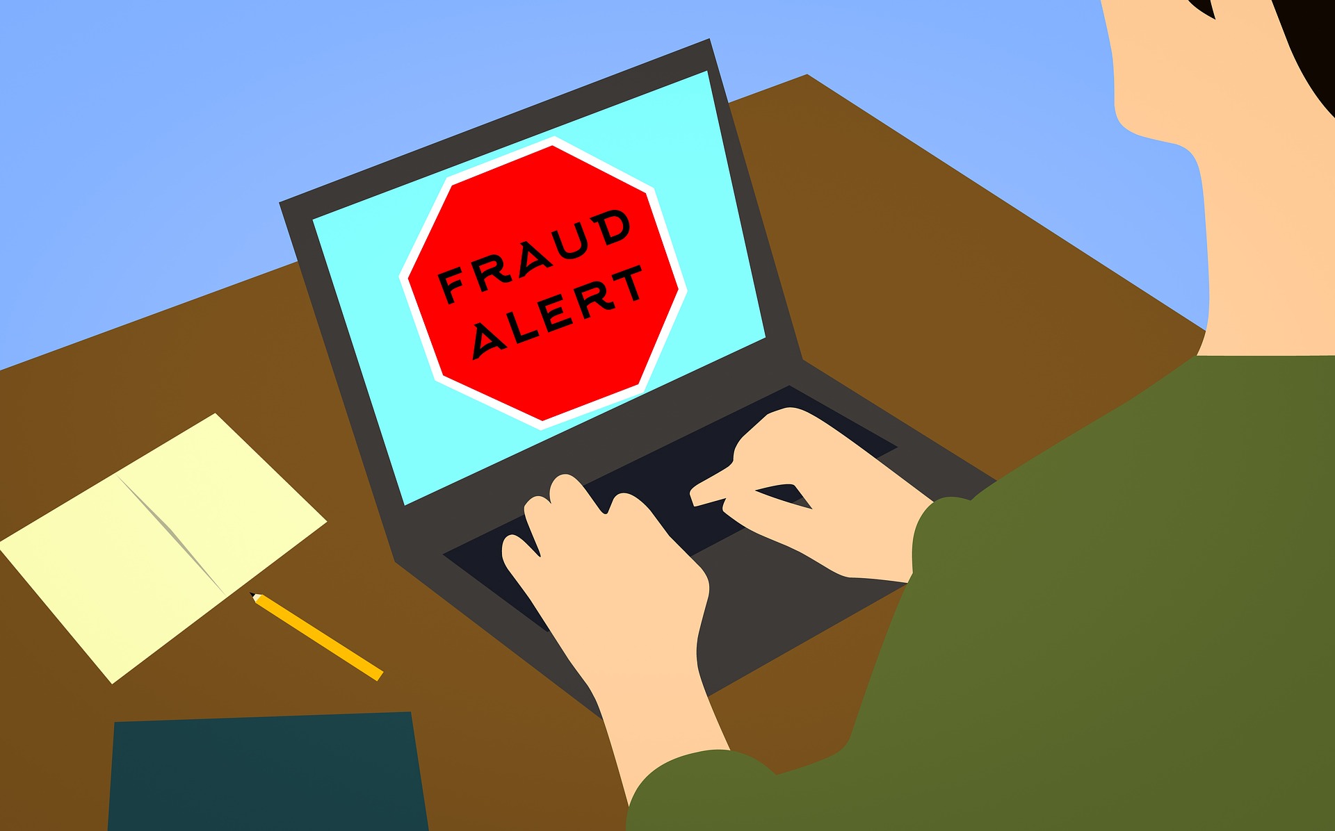 A cartoon image of a man sitting in front of a laptop, which displays a large, red fraud alert warning sign