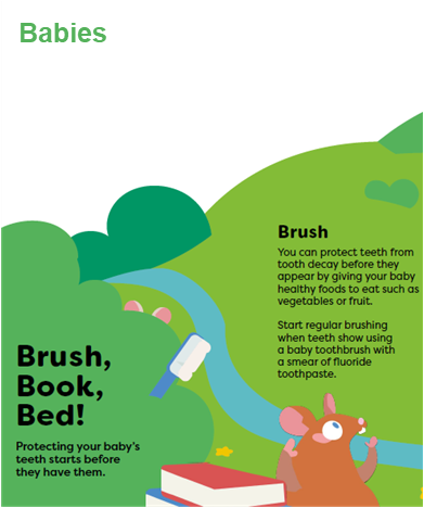 An animated image of a mouse, books and toothbrush on the Brush, Book, Bed leaflet for babies