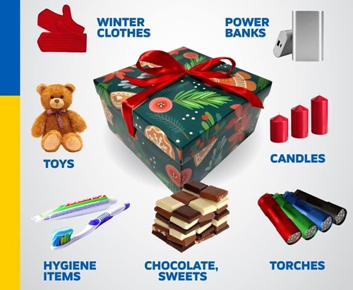 Wrapped present surrounded by images of teddy, chocolates, gloves, torch and toothbrush