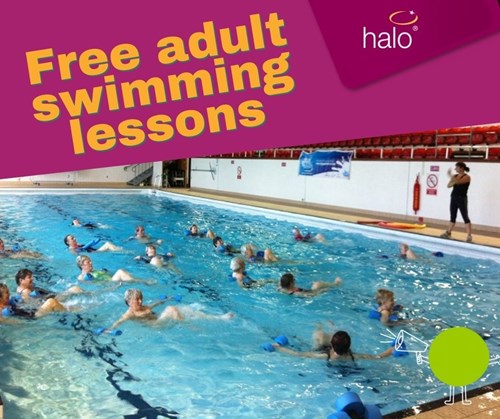 People enjoying a class at Ross Swimming Pool, with the message: Free adult swimming lessons