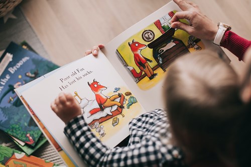 A toddler and parent reading together