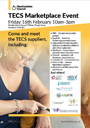 TEC Marketplace Event, Friday 16th Febraur 10am-3pm Herefordshire Council Offices, Plough Lane, HR4 0LE Come and meet the TECS suppliers, including NRS - Ewuipment provider partner, Easylink - Assistive technology manufacturers, Independent Living Supplies, TeleAlarm, Cascade 3D, Vision Link, Hereford and Worcester Fire and Rescue. Photograph shows woman sat in chair, with device on her wrist